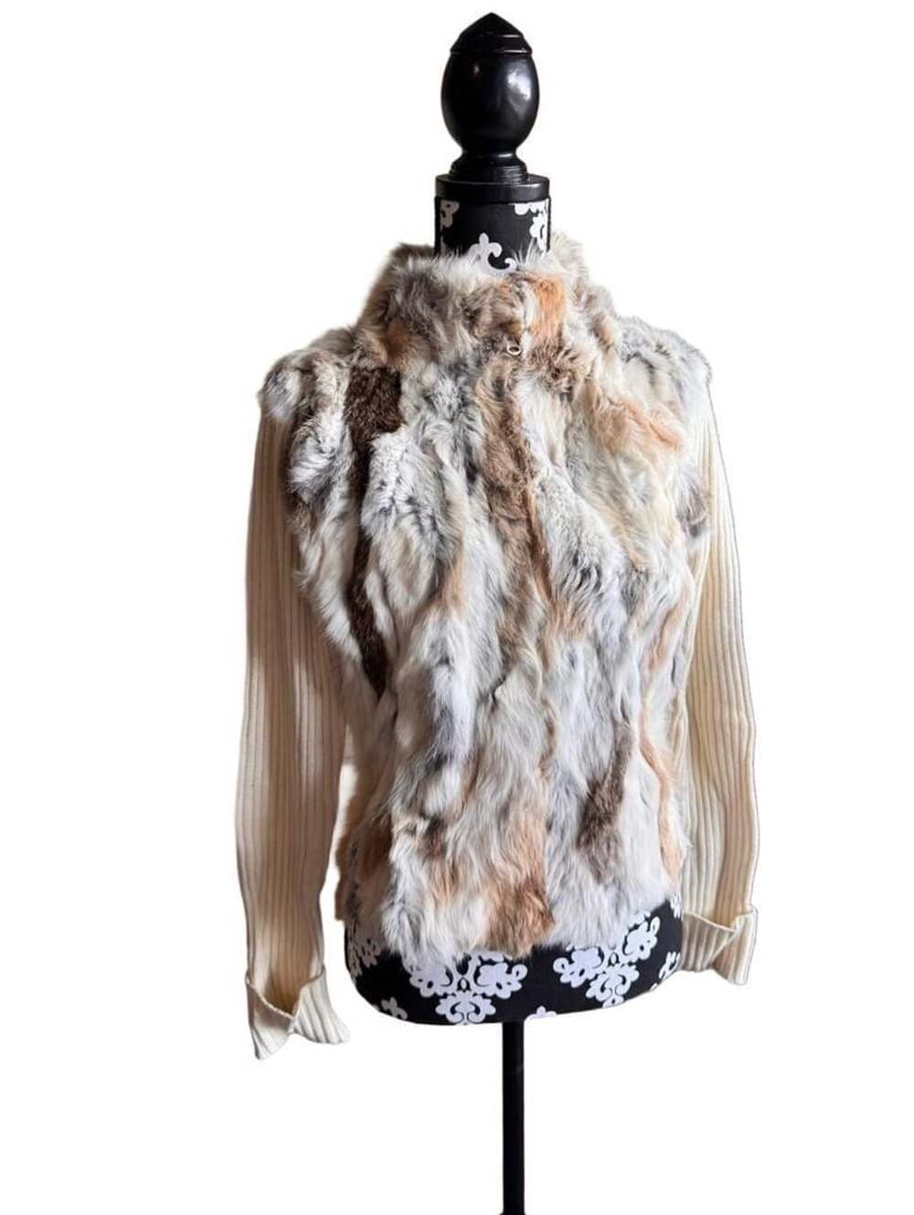 Frost Rabbit Fur Cardigan Sweater Size XL Cream Knit Sleeves